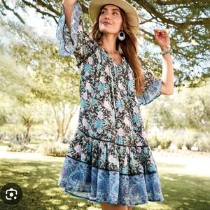 Sundance Aisha Patchwork Ruffle Floral Coyton Slip Dress Boho Mini Pullover